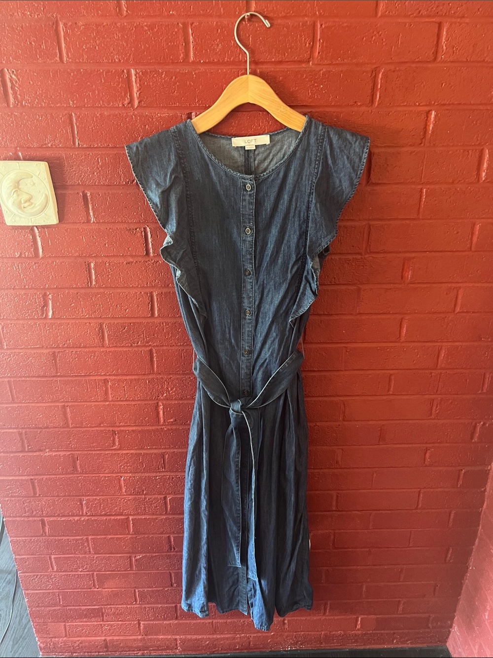 LOFT Dark Blue Denim Midi Dress with Tie Waist